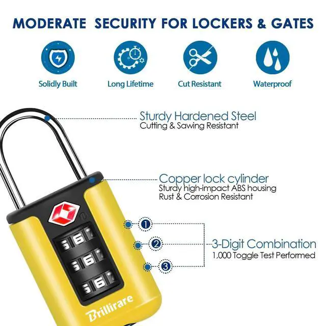 Alt view image 5 of 7 - 2 Pack TSA Approved Luggage Locks, Combination Travel Padlock, 3-Digit Waterproof Lock, TSA Outdoor Keyless Resettable Lock for Lockers, Bags, Backpack, Gym, Gate-Yellow
