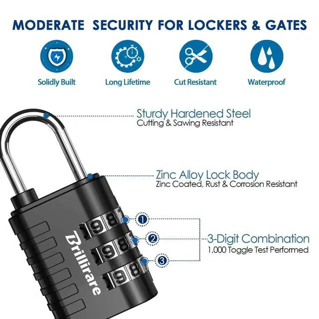 Alt view image 5 of 7 - 8 Pack Combination Lock, 3-Digit Waterproof Keyless Padlock, Zinc Alloy Outdoor Resettable Travel Luggage Locks for Backpack, Gym Locker, Hasp, Fence, Gate, Case, Toolbox-Black