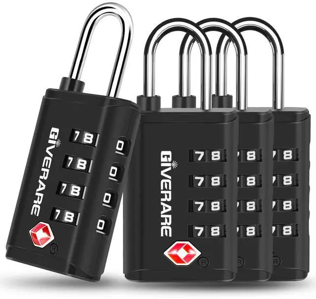 Main image of 4 Pack TSA Approved Travel Luggage Locks 4-Digit, Open Alert Suitcase Combination Lock, Keyless Zipper Padlocks, TSA Accepted Compatible Padlock for Gym Locker, Golf Bag Case, Anti Theft-Black
