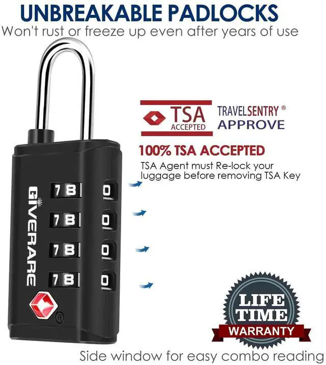 Alt view image 5 of 7 - 4 Pack TSA Approved Travel Luggage Locks 4-Digit, Open Alert Suitcase Combination Lock, Keyless Zipper Padlocks, TSA Accepted Compatible Padlock for Gym Locker, Golf Bag Case, Anti Theft-Black