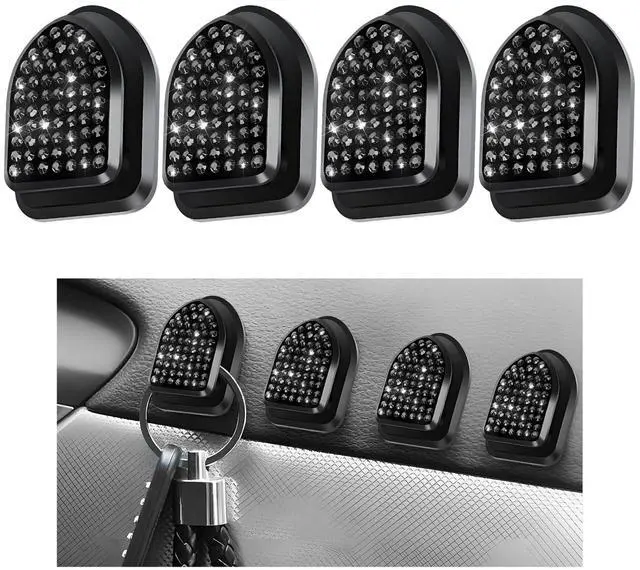 Main image of 4 PCS Bling Car Mini Hooks, Crystal Rhinestones Auto Storage Hook Mini Adhesive Backseat Hanger, Multifunctional Dashboard Hook Vehicle Interior Organizer for Key Mask Cable (Black)