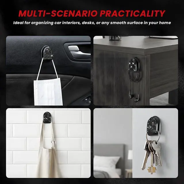 Alt view image 6 of 6 - 4 PCS Bling Car Mini Hooks, Crystal Rhinestones Auto Storage Hook Mini Adhesive Backseat Hanger, Multifunctional Dashboard Hook Vehicle Interior Organizer for Key Mask Cable (Black)