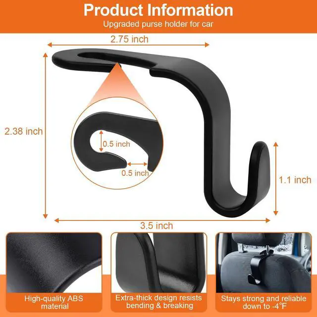 Alt view image 4 of 7 - Purse Hook for Car 4 Pack, Deep Anti-Drop Car Seat Hooks for Headrest, Thick ABS Plastic Holds 55 Lbs, Heavy Duty Car Purse Holder & Car Accessories Interior for Handbags, Car Organizer Black