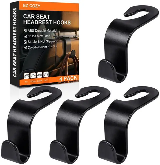 Main image of Purse Hook for Car 4 Pack, Deep Anti-Drop Car Seat Hooks for Headrest, Thick ABS Plastic Holds 55 Lbs, Heavy Duty Car Purse Holder & Car Accessories Interior for Handbags, Car Organizer Black