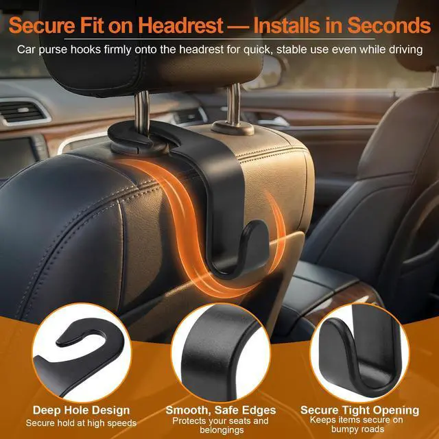 Alt view image 2 of 7 - Purse Hook for Car 4 Pack, Deep Anti-Drop Car Seat Hooks for Headrest, Thick ABS Plastic Holds 55 Lbs, Heavy Duty Car Purse Holder & Car Accessories Interior for Handbags, Car Organizer Black