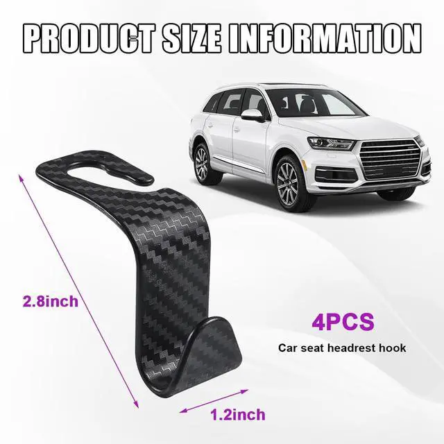 Alt view image 2 of 6 - 4 PCS Car Seat Headrest Hooks, Auto Backseat Organizer Hanger Holder, Vehicle Seat Back Storage Hooks for Purse Coat Umbrella Grocery Bag Handbag, Interior Car Accessories (Carbon Fiber)