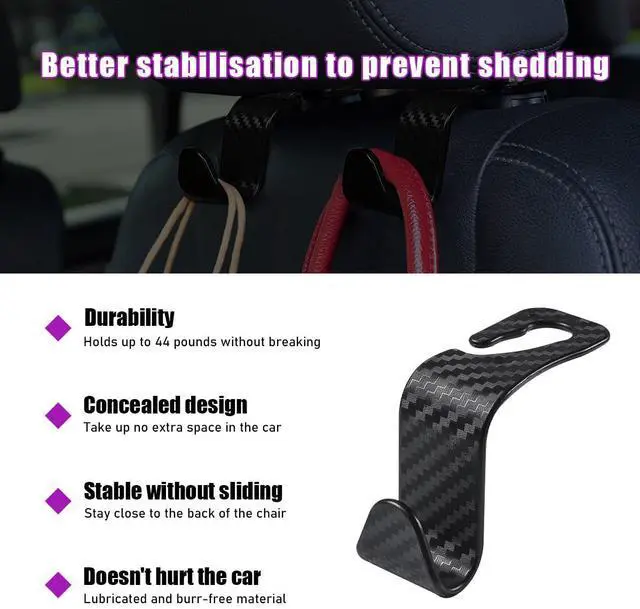Alt view image 3 of 6 - 4 PCS Car Seat Headrest Hooks, Auto Backseat Organizer Hanger Holder, Vehicle Seat Back Storage Hooks for Purse Coat Umbrella Grocery Bag Handbag, Interior Car Accessories (Carbon Fiber)
