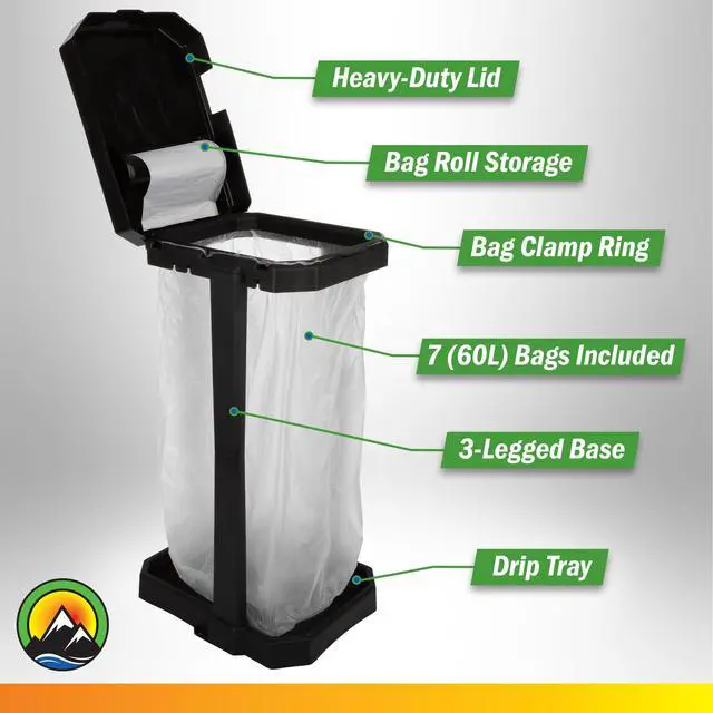 Alt view image 3 of 7 - Heavy Duty Black Trash Bag Portable Trash Bag Holder Stand with 7 Bags - Collapsible Trash Can Camping, RV, Kitchen, or Tailgate Party Garbage Bag Holder