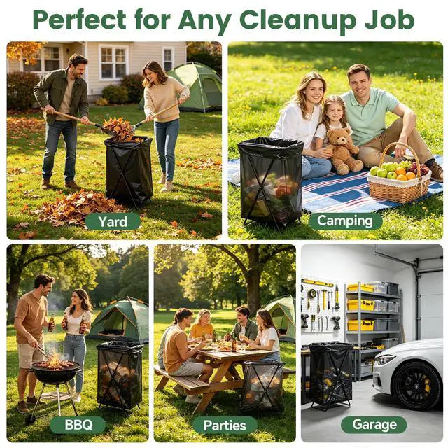Alt view image 3 of 7 - Heavy Duty Leaf Bag Holder Stand for 30-50 Gallon Bags, Foldable Holder | 25" Extra-Wide Opening, Reinforced Metal, Fast Setup, Yard Cleanup, Camping, Reusable