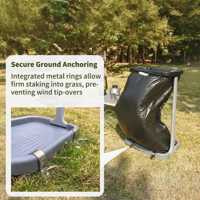 Alt view image 3 of 7 - Collapsible Outdoor Trash Bag Holder, Portable, Foldable Camping Leaf Dispenser Organizer Stand Rack for Kitchen, RV, Tailgate, Party, Garden, Under Sink, Includes Secure Ground Anchoring, Grey