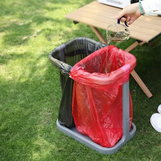 Alt view image 7 of 7 - Collapsible Outdoor Trash Bag Holder, Portable, Foldable Camping Leaf Dispenser Organizer Stand Rack for Kitchen, RV, Tailgate, Party, Garden, Under Sink, Includes Secure Ground Anchoring, Grey