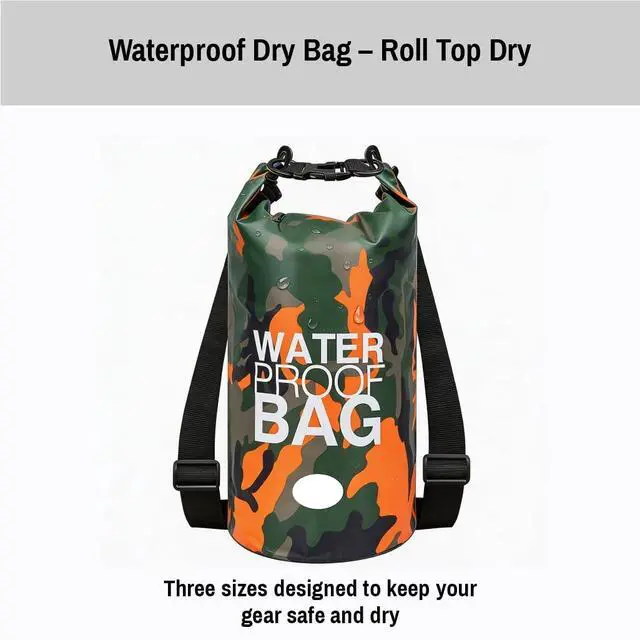 Alt view image 2 of 7 - Waterproof Dry Bag Set of 3 (15L 20L 30L) - PVC Roll Top Dry Bags Waterproof - Backpack for Kayaking, Camping, Beach & Travel (Camouflage Orange, Dark Blue, Green)