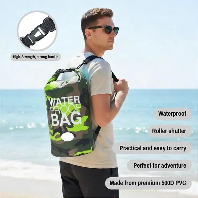 Alt view image 3 of 7 - Waterproof Dry Bag Set of 3 (15L 20L 30L) - PVC Roll Top Dry Bags Waterproof - Backpack for Kayaking, Camping, Beach & Travel (Camouflage Orange, Dark Blue, Green)