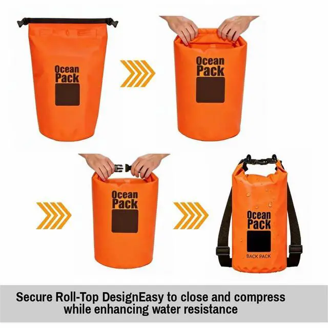 Alt view image 5 of 7 - Waterproof Dry Bag Backpack Set of 3 (2L 5L 10L) PVC Roll Top Waterproof Bags for Kayaking, Camping & Travel Floating Compression Dry Pack for Outdoor Gear (Red, Light Green, Orange)