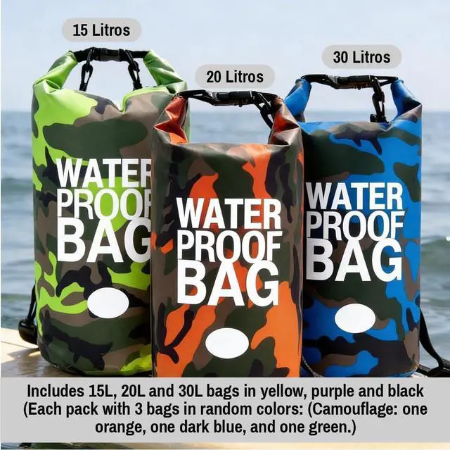 Alt view image 6 of 7 - Waterproof Dry Bag Set of 3 (15L 20L 30L) - PVC Roll Top Dry Bags Waterproof - Backpack for Kayaking, Camping, Beach & Travel (Camouflage Orange, Dark Blue, Green)