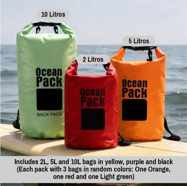 Alt view image 6 of 7 - Waterproof Dry Bag Backpack Set of 3 (2L 5L 10L) PVC Roll Top Waterproof Bags for Kayaking, Camping & Travel Floating Compression Dry Pack for Outdoor Gear (Red, Light Green, Orange)