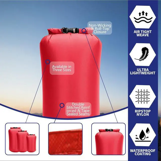Alt view image 3 of 7 - Waterproof Dry Bags 3 Pack (5L, 10L, 20L) - Lightweight Waterproof Storage Bags for Travel, Boating, Fishing, Rafting, Swimming, Camping & Outdoor Activities - Durable & Compact Design, Red