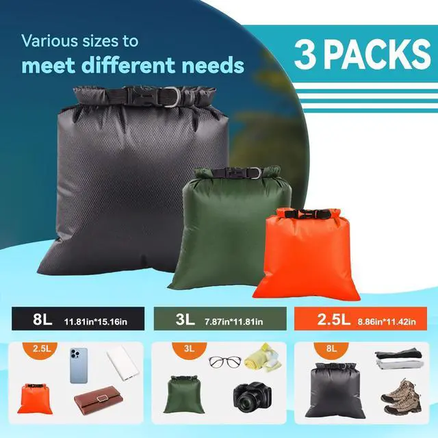 Alt view image 2 of 6 - 3PCS Waterproof Dry Bags, Lightweight Dry Bags For Kayaking Waterproof, Outdoor Stuff Sack For Hiking Rafting Boating Camping 2.5L, 3L, 8L