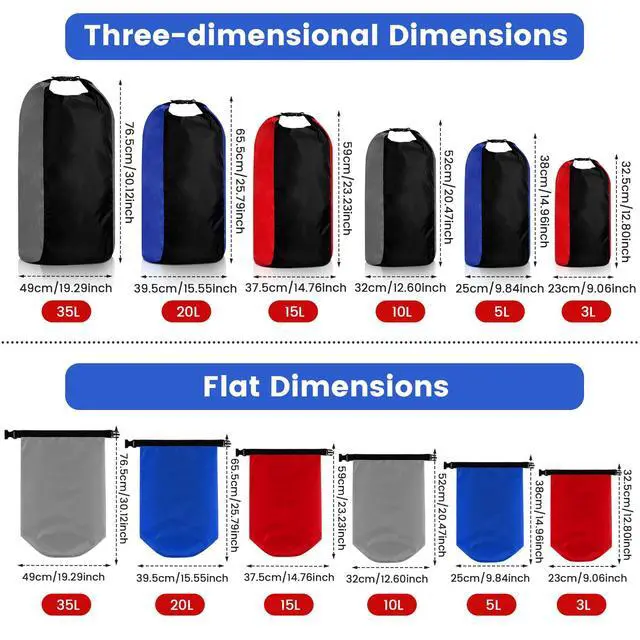 Alt view image 2 of 7 - 6 Pack Dry Bag Waterproof Compression Dry Sack Color-blocked | Sizes 3l 5l 10l 15l 20l 35l, Roll-top Seal, Protects Gear Sleeping Bags, Outdoor Kayaking Boating Fishing Swimming Camping