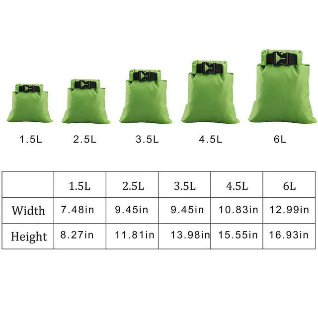 Alt view image 3 of 7 - Dry Bag, 5 Pack Waterproof Lightweight Dry Sack, Wet Dry Storage Bag- Green | 6L+4.5L+3.5L+2.5L+1.5L, Outdoor Roll-Top Stuff Sack for Hiking, Backpacking, Camping, Kayaking, Swimming, Boating