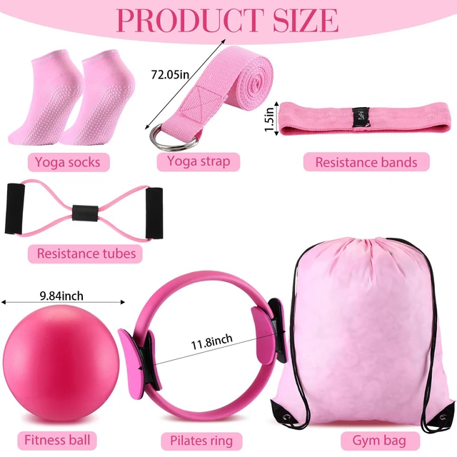 Alt view image 2 of 7 - 14 Pcs Pilates Equipment Kit for Home Workout Pilates Ring and Ball Set for Women 12'' Circle Yoga Fitness Essentials Kit with Resistance Bands, Yoga Strap, Socks,Bag (Pink,Green,Blue)
