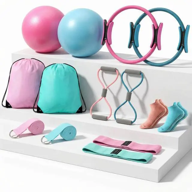 Main image of 14 Pcs Pilates Equipment Kit for Home Workout Pilates Ring and Ball Set for Women 12'' Circle Yoga Fitness Essentials Kit with Resistance Bands, Yoga Strap, Socks,Bag (Pink,Green,Blue)