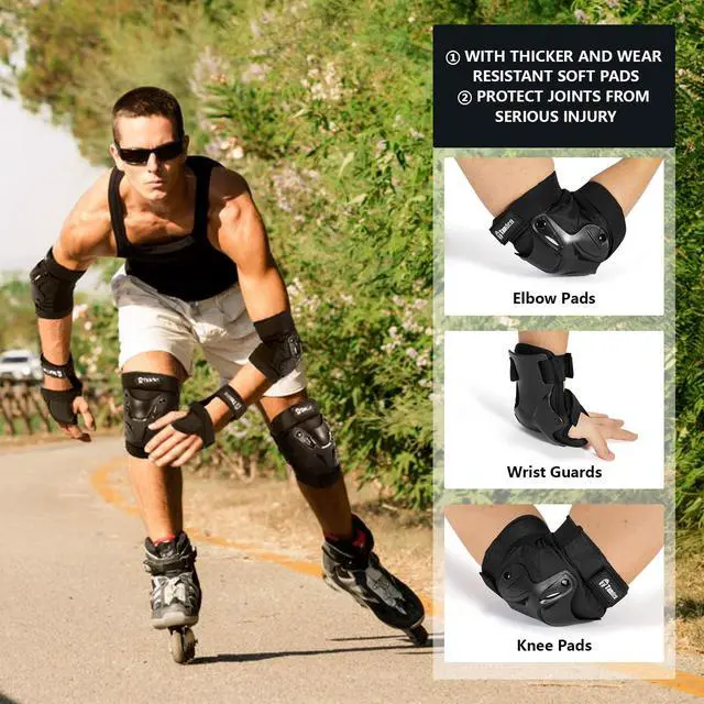 Alt view image 4 of 7 - Skating Protective Gear Adult Knee and Elbow Pads Wrist Guards for Roller Skating Skateboarding, Skate Pads Adult Knee Pads for Men Women Black