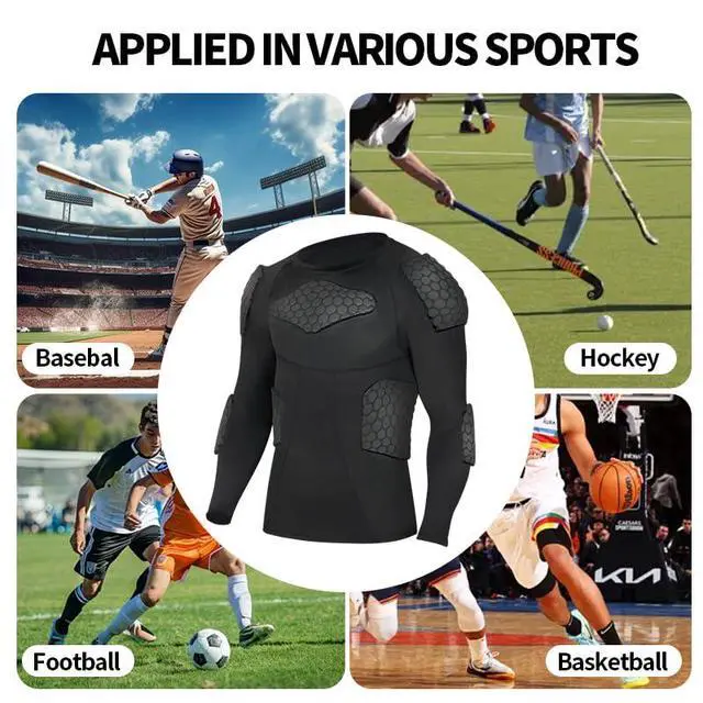 Alt view image 5 of 6 - Men's Padded Compression Shirt with Honeycomb Protective Gear, Long Sleeve Impact-Resistant Athletic Top for Football, Basketball, Baseball & Sports, Black-S