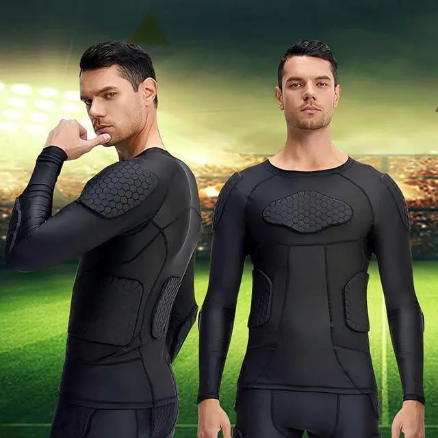 Alt view image 6 of 6 - Men's Padded Compression Shirt with Honeycomb Protective Gear, Long Sleeve Impact-Resistant Athletic Top for Football, Basketball, Baseball & Sports, Black-S