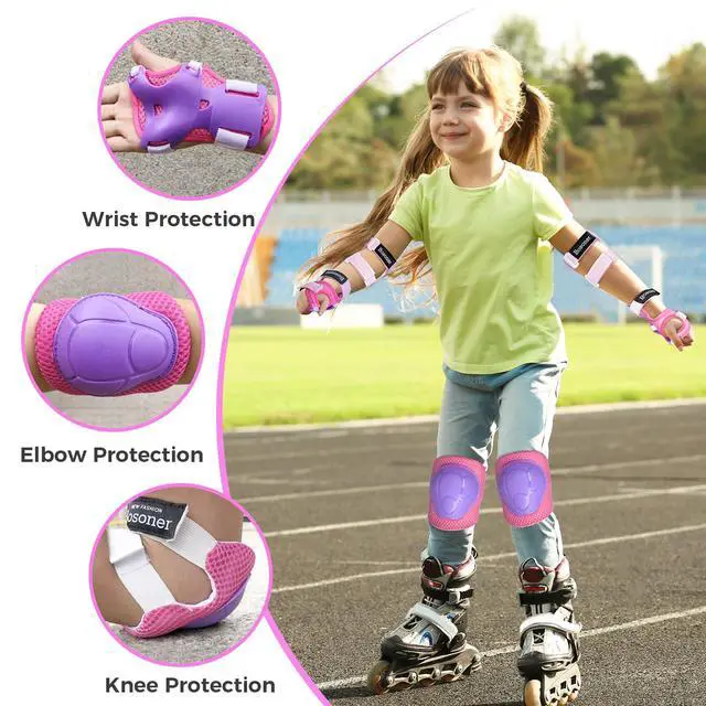 Alt view image 2 of 7 - Kids Protective Gear: Kids Knee Pads and Elbow Pads with Wrist Guards Set for 3-15 Years Design for Roller Skates, Cycling, BMX Bike, Skateboard, Inline Skating, Scooter Riding Sports Purple / Rose-M