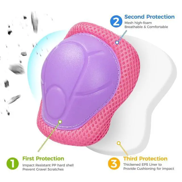 Alt view image 3 of 7 - Kids Protective Gear: Kids Knee Pads and Elbow Pads with Wrist Guards Set for 3-15 Years Design for Roller Skates, Cycling, BMX Bike, Skateboard, Inline Skating, Scooter Riding Sports Purple / Rose-M