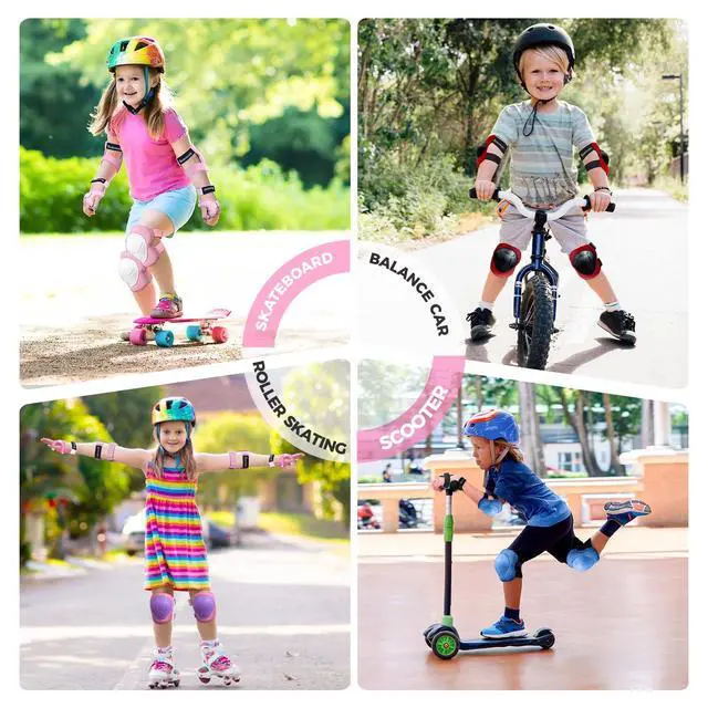 Alt view image 4 of 7 - Kids Protective Gear: Kids Knee Pads and Elbow Pads with Wrist Guards Set for 3-15 Years Design for Roller Skates, Cycling, BMX Bike, Skateboard, Inline Skating, Scooter Riding Sports Purple / Rose-M