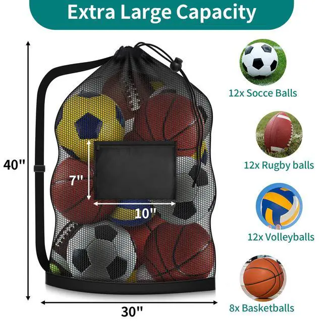 Alt view image 2 of 7 - Extra Large Soccer Ball Bag, 40"x30" Drawstring Heavy Duty Mesh Net | Hold 10-12 Basketball Volleyball, Adjustable Strap and Pocket, Sport Sack for Coaches, Teams, Gym Equipment, Swimming Gear