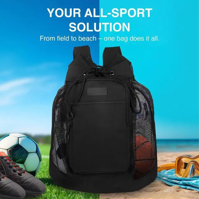 Alt view image 3 of 6 - 64L Heavy Duty Mesh Ball Backpack with Chest Strap & Zipper Pockets | 18" x 11" x 20" Holds 6 Soccer Balls with Padded Backpack Straps & 2 Front Pockets for Coaches, Practice & Training Gear
