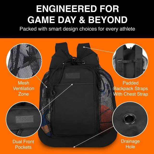 Alt view image 2 of 6 - 64L Heavy Duty Mesh Ball Backpack with Chest Strap & Zipper Pockets | 18" x 11" x 20" Holds 6 Soccer Balls with Padded Backpack Straps & 2 Front Pockets for Coaches, Practice & Training Gear