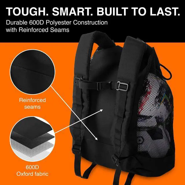Alt view image 4 of 6 - 64L Heavy Duty Mesh Ball Backpack with Chest Strap & Zipper Pockets | 18" x 11" x 20" Holds 6 Soccer Balls with Padded Backpack Straps & 2 Front Pockets for Coaches, Practice & Training Gear