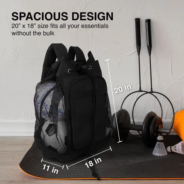 Alt view image 5 of 6 - 64L Heavy Duty Mesh Ball Backpack with Chest Strap & Zipper Pockets | 18" x 11" x 20" Holds 6 Soccer Balls with Padded Backpack Straps & 2 Front Pockets for Coaches, Practice & Training Gear