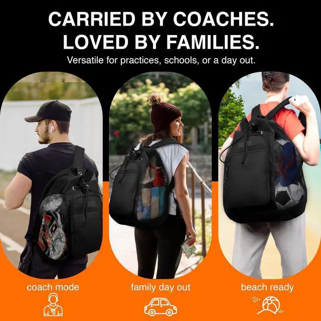 Alt view image 6 of 6 - 64L Heavy Duty Mesh Ball Backpack with Chest Strap & Zipper Pockets | 18" x 11" x 20" Holds 6 Soccer Balls with Padded Backpack Straps & 2 Front Pockets for Coaches, Practice & Training Gear