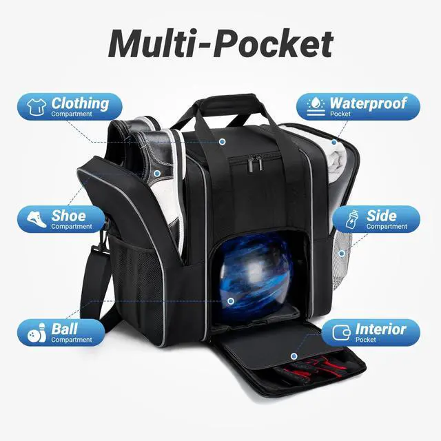 Alt view image 2 of 7 - Bowling Ball Bag, 1 Ball Bowling Tote Carrier with Shoe Compartment | Bowling Bag with Secure Padded Ball Holder, Shoe Compartment Fits Up to Men's Size 14, Mutiple Pockets for Accessories, Black