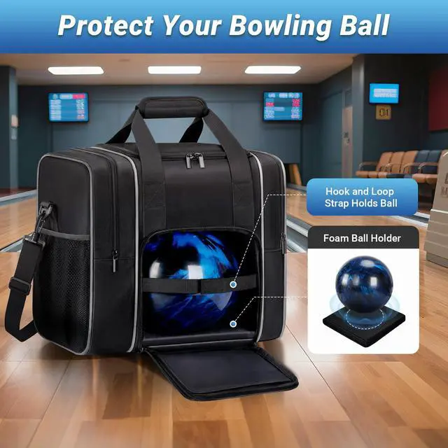 Alt view image 3 of 7 - Bowling Ball Bag, 1 Ball Bowling Tote Carrier with Shoe Compartment | Bowling Bag with Secure Padded Ball Holder, Shoe Compartment Fits Up to Men's Size 14, Mutiple Pockets for Accessories, Black