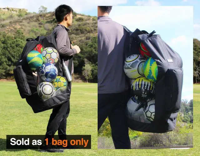 Alt view image 2 of 7 - XL Mesh Ball Bag for Soccer & Sports, Adjustable Shoulder Strap | Heavy Duty Ball Storage for Coaches with Oversized Front Pocket for Sports Accessories, Outdoor, Pool, Beach & Training Gear