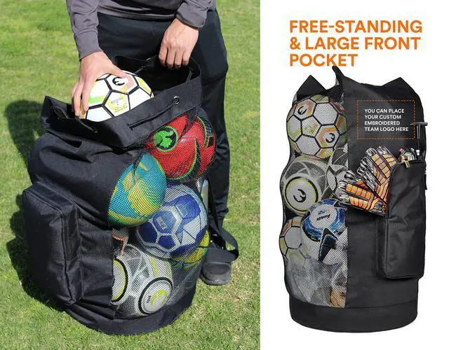 Alt view image 3 of 7 - XL Mesh Ball Bag for Soccer & Sports, Adjustable Shoulder Strap | Heavy Duty Ball Storage for Coaches with Oversized Front Pocket for Sports Accessories, Outdoor, Pool, Beach & Training Gear
