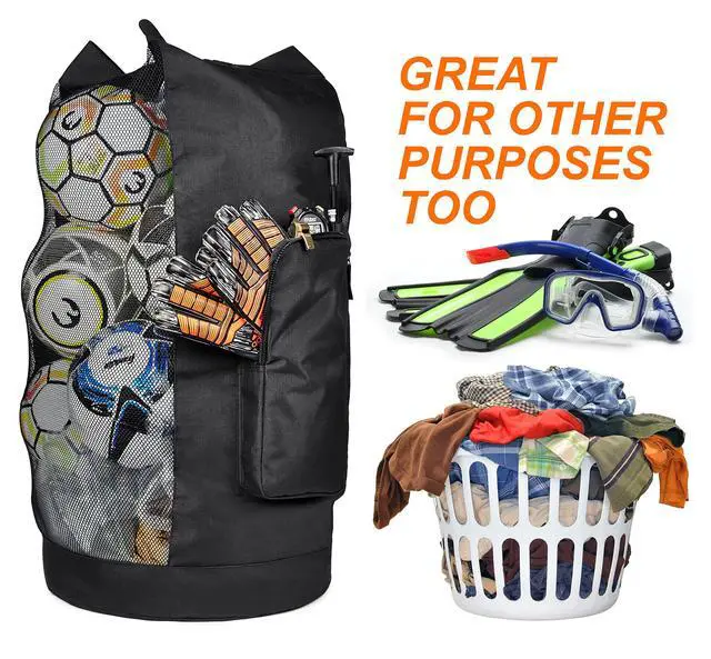 Alt view image 7 of 7 - XL Mesh Ball Bag for Soccer & Sports, Adjustable Shoulder Strap | Heavy Duty Ball Storage for Coaches with Oversized Front Pocket for Sports Accessories, Outdoor, Pool, Beach & Training Gear