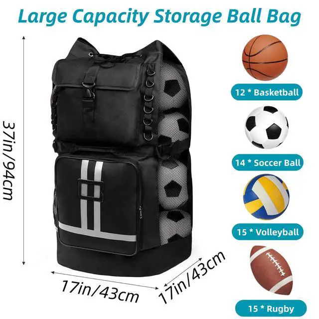 Alt view image 2 of 7 - Soccer Ball Bag with Pockets, Holds 14-16 Balls, Extra Large Sports Equipment Ball Bag with Adjustable Shoulder Straps, Heavy Duty Basketball Football Storage Bag for Coach, Players, Trainers