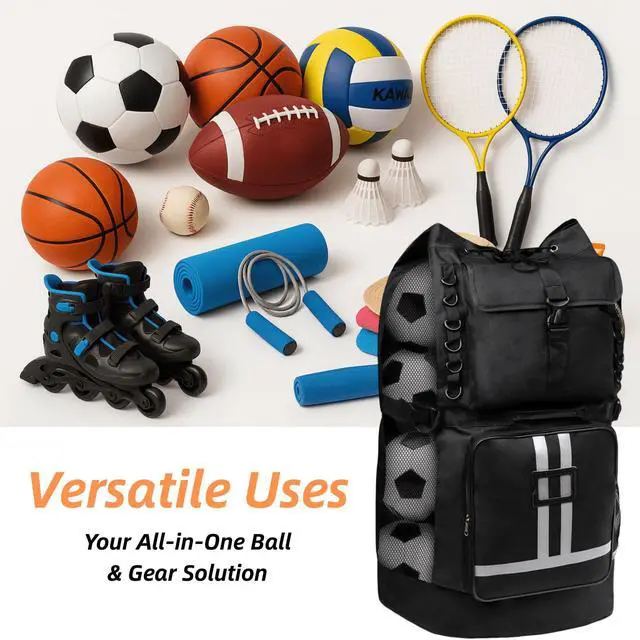Alt view image 5 of 7 - Soccer Ball Bag with Pockets, Holds 14-16 Balls, Extra Large Sports Equipment Ball Bag with Adjustable Shoulder Straps, Heavy Duty Basketball Football Storage Bag for Coach, Players, Trainers