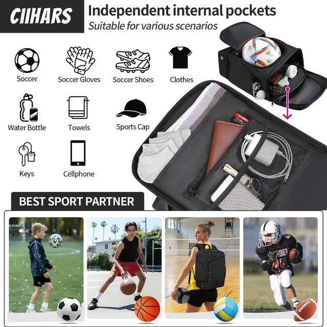 Alt view image 5 of 6 - Soccer Backpack,Soccer Bag with Ball Holder and Shoe Compartment | Large Water Resistant and lightweight Sport Bags fits basketball, volleyball, football gearYouth Soccer Gifts
