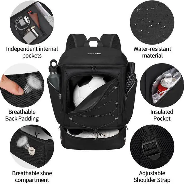 Alt view image 3 of 6 - Soccer Backpack,Soccer Bag with Ball Holder and Shoe Compartment | Large Water Resistant and lightweight Sport Bags fits basketball, volleyball, football gearYouth Soccer Gifts