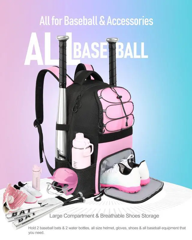 Alt view image 2 of 7 - Softball Bag, Lightweight Baseball Backpack with Shoes Compartment, Baseball Bat Bags with Fence Hook for TBall Bat & Equipment, for Batting Mitten, Helmet, for Girls, Boys, Youth, Adults