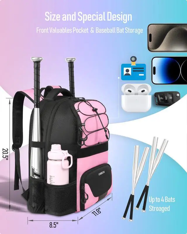 Alt view image 3 of 7 - Softball Bag, Lightweight Baseball Backpack with Shoes Compartment, Baseball Bat Bags with Fence Hook for TBall Bat & Equipment, for Batting Mitten, Helmet, for Girls, Boys, Youth, Adults
