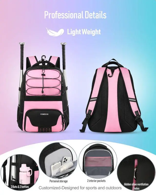 Alt view image 4 of 7 - Softball Bag, Lightweight Baseball Backpack with Shoes Compartment, Baseball Bat Bags with Fence Hook for TBall Bat & Equipment, for Batting Mitten, Helmet, for Girls, Boys, Youth, Adults